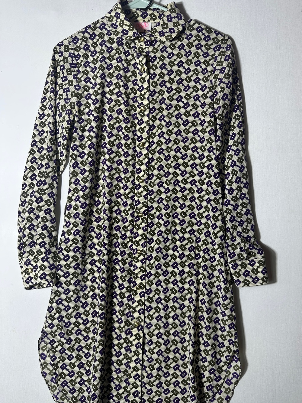 AKA 100% Silk New York Printed Button-Up Blouse in Cream, Purple & Olive